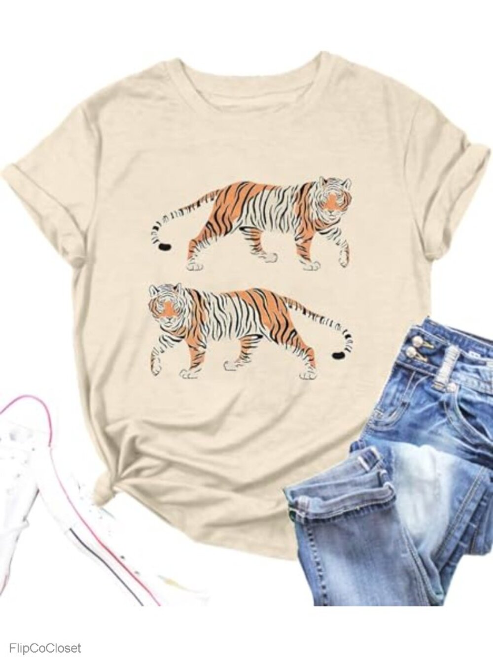 Women's Tiger Graphic Tee Vintage Animal Print Short Sleeve Casual T-Shirt